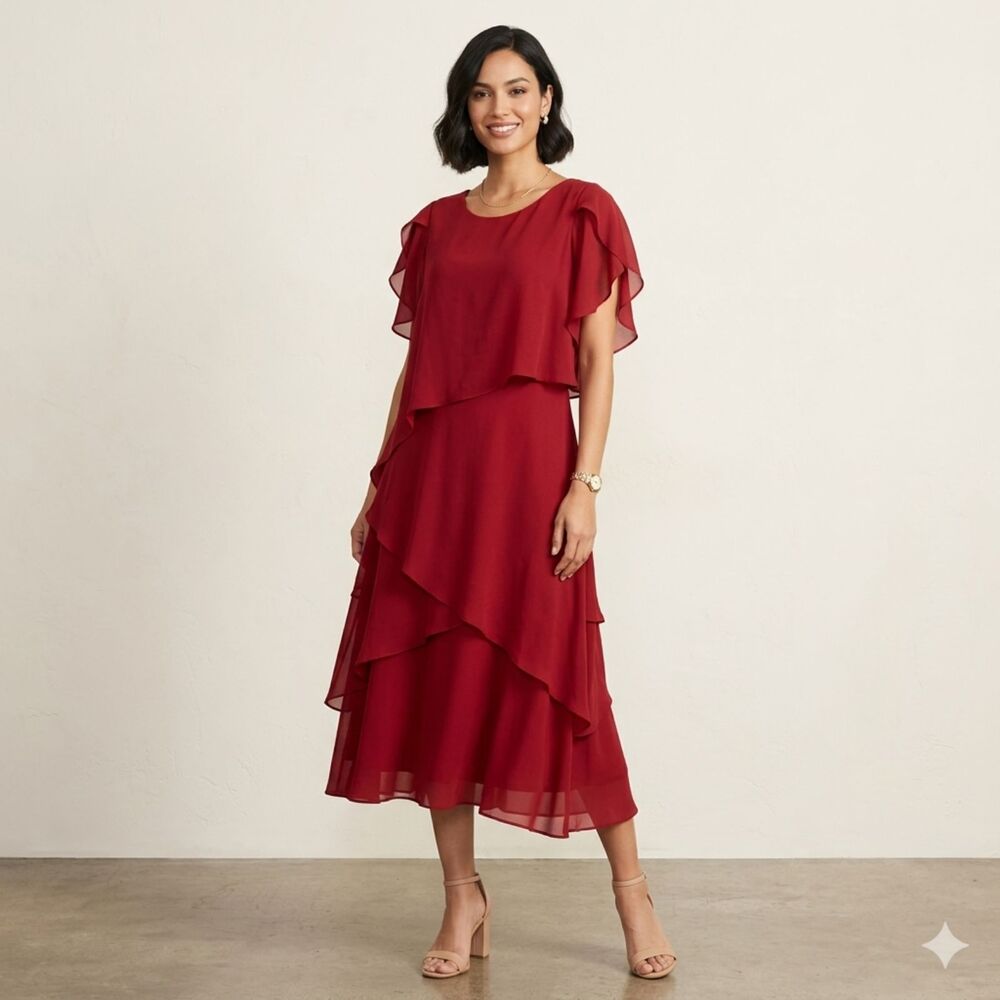 💃 RS Red Chiffon Layered Maxi Dress NWT Corset Back Flutter Sleeve Formal 14